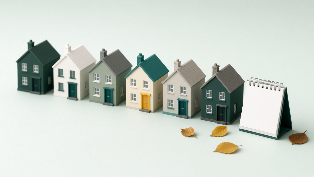 Brick houses on an autumn street with an EPC rating scale from A to G overlaid